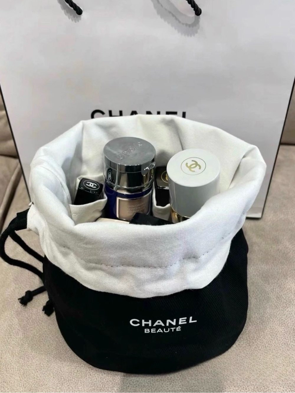 Chanel Beauty Large Drawstring Bag With Inner Brush Compartments
